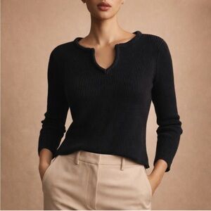 Forever 21 Black Ripped Notch Neck Long Sleeve Top Size Small